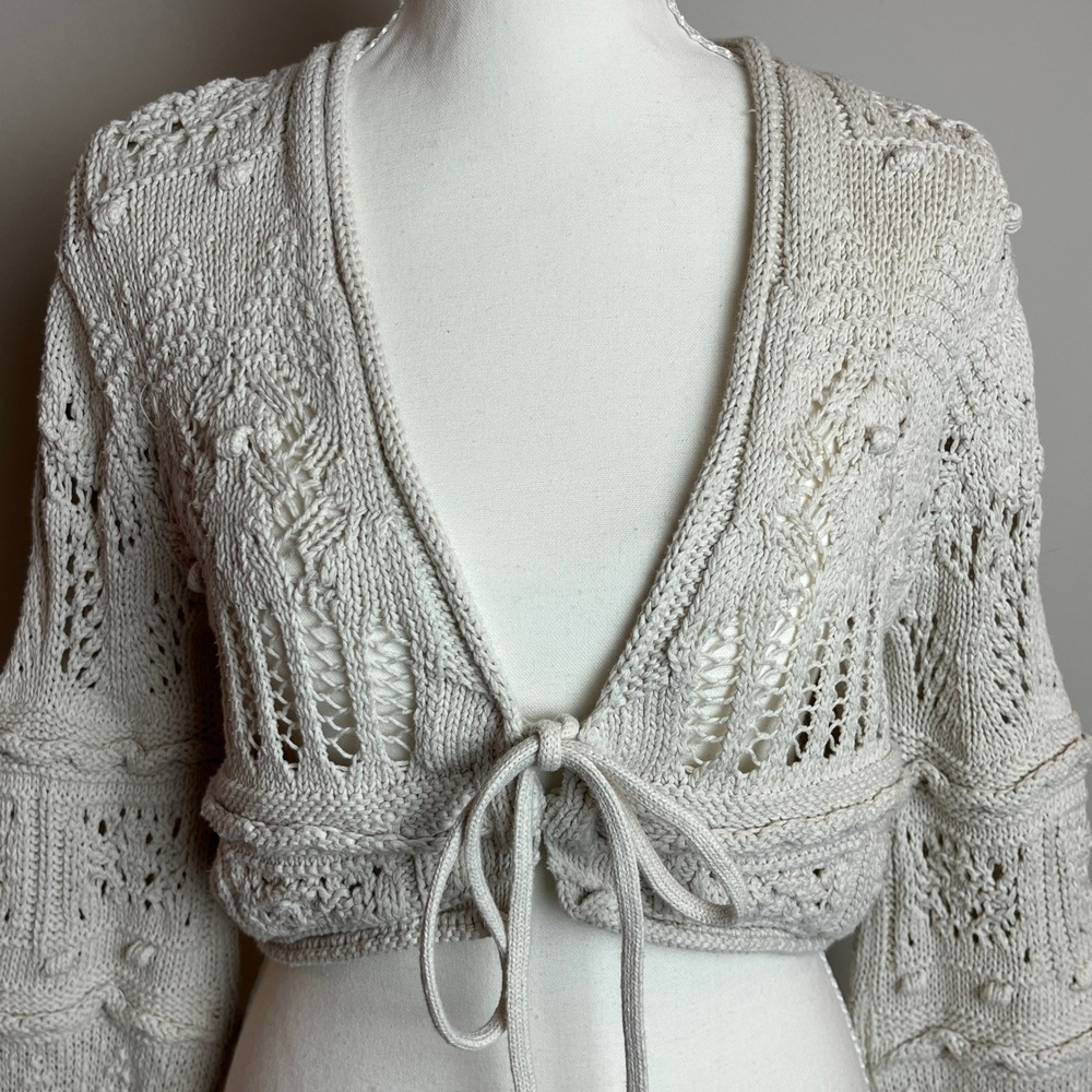 Zara Cropped Crochet Knit Cardigan Beige Bell Sleeve Tie Front Boho Sweater S